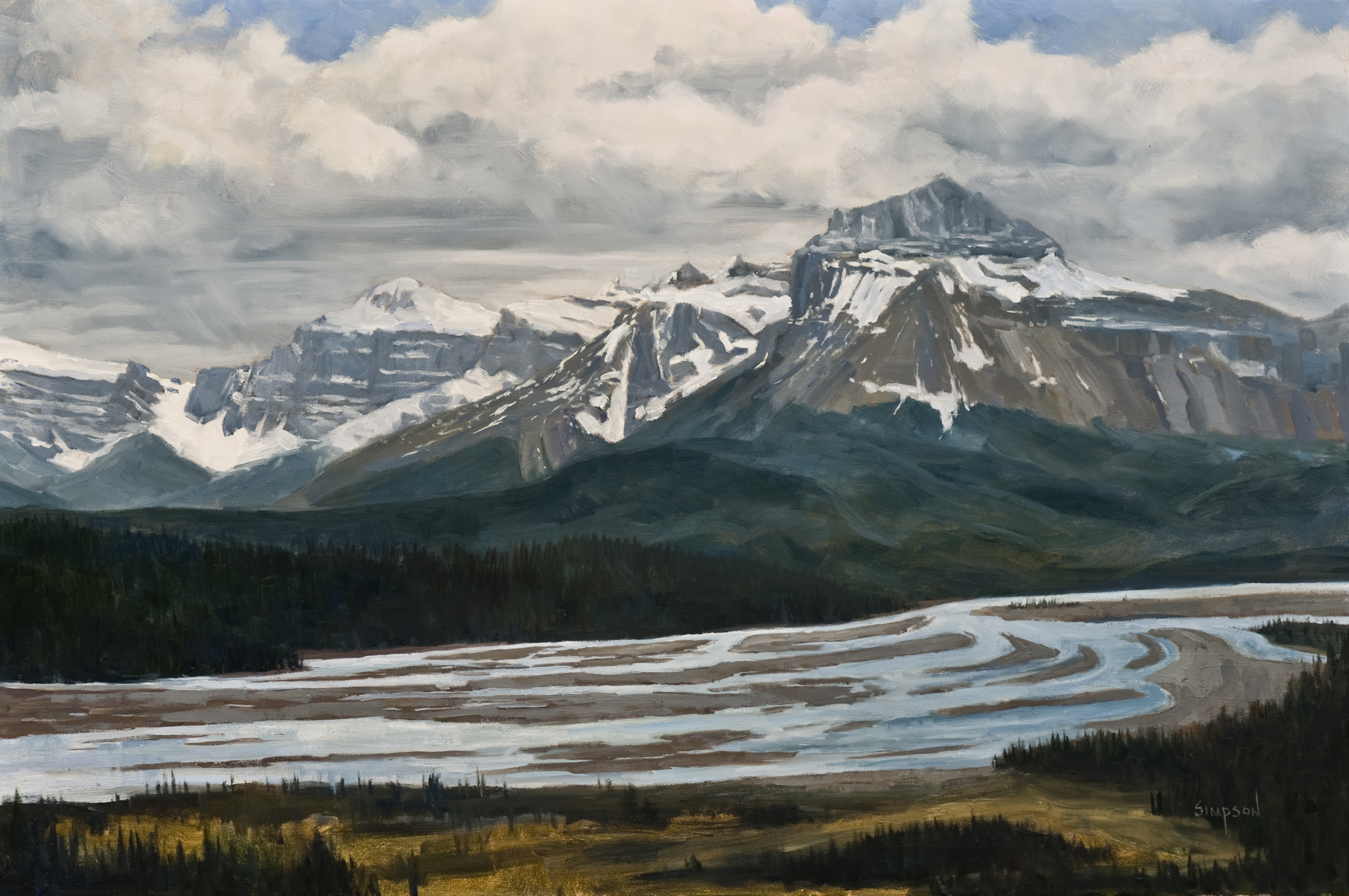 Oil painting by Artist on a Harley Mike Simpson of the North Saskatchewan River near Saskatchewan