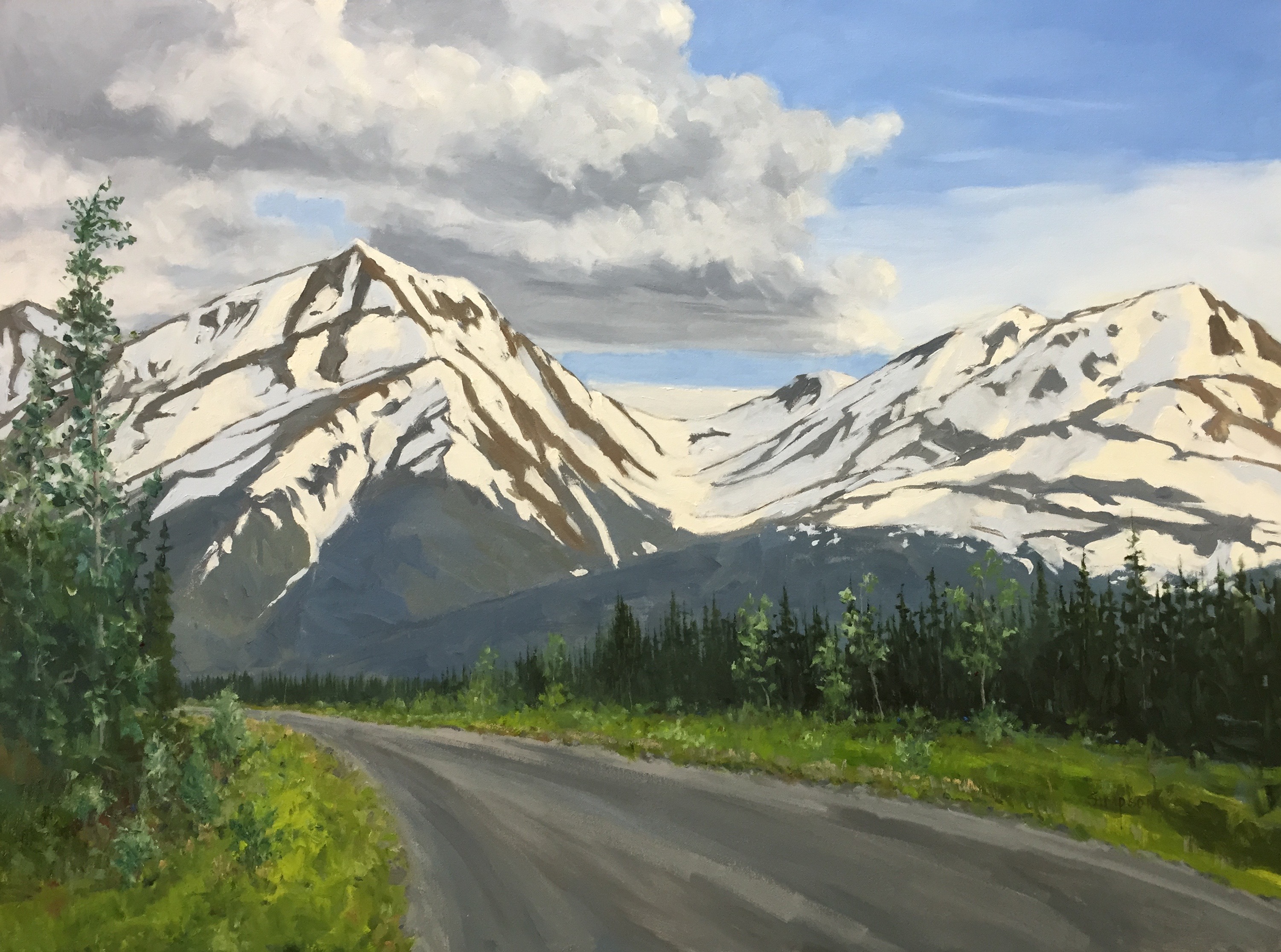 Oil painting by Artist on a Harley Mike Simpson of the Stewart Cassiar Highway British Columbia Canada