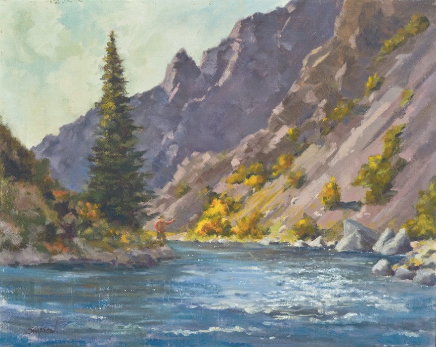 Oil painting of a fly fisherman on the Gunnison River Black Canyon of the Gunnison