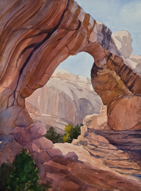 Watercolor by Mike Simpson of Hickman Bridge in Capitol Reef National Park near Torrey Utah