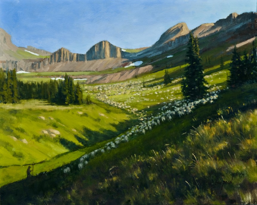 Oil painting by Mike Simpson of sheep moving into the Colorado Rockies