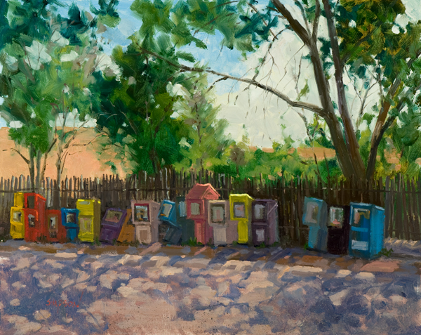 Oil painting by Mike Simpson of newspaper racks in Santa Fe New Mexico
