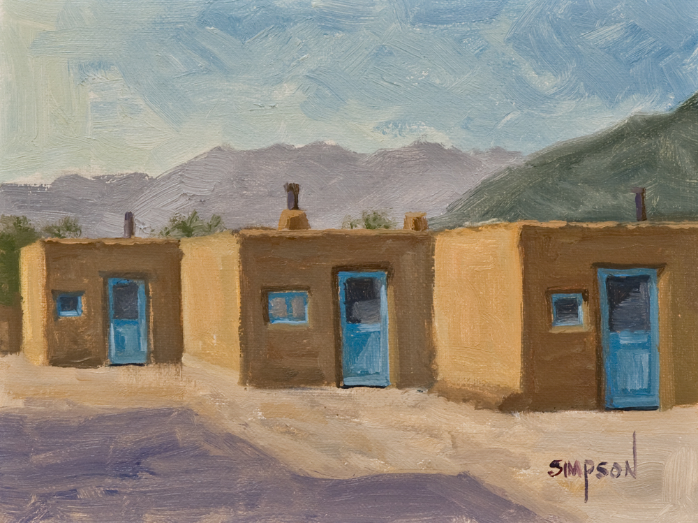 Oil painting by Mike Simpson of the old Taos Pueblo